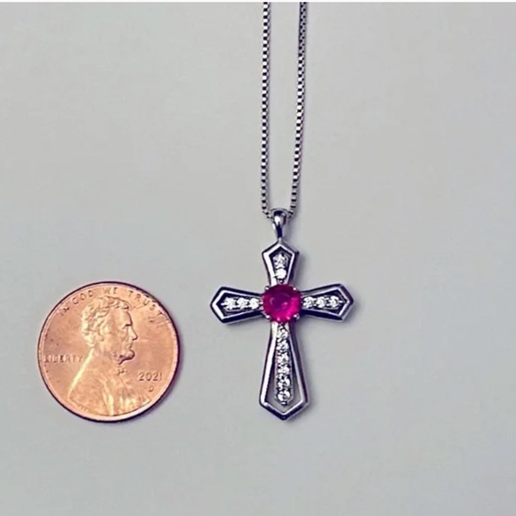 Genuine Diamonds & Pink Sapphire Cross Pendant Necklace on 925 Sterling Silver - Picture 5 of 8